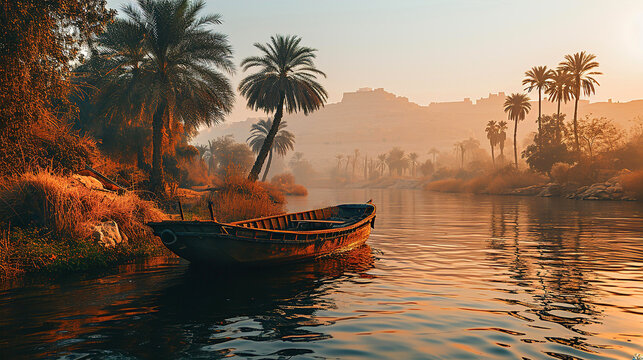 Fish-man boat at river Nile at sunset, beautiful Egyptian river side landscape 