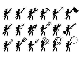 Stick figure working different business. icon set illustration isolated on white background