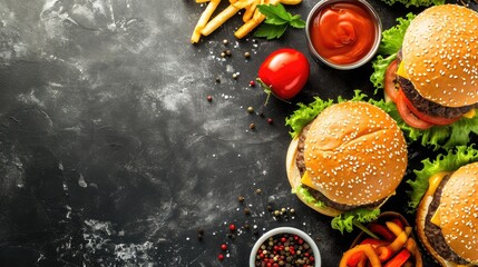 Background banner of burger and ingredients on ardoise, generated with AI