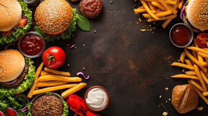 Background banner of burger and ingredients on ardoise, generated with AI - obrazy, fototapety, plakaty