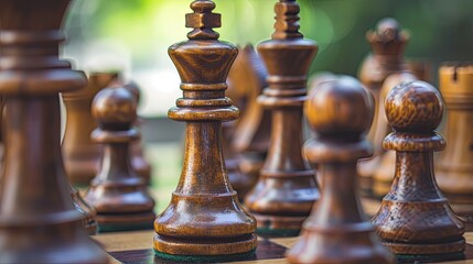 Banner of chess wood pieces on a wood chesboard, on a wood table, generated with AI