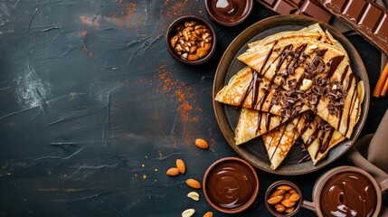 Banner of crepes, pancakes stacked, with chocolate topping generated with AI - obrazy, fototapety, plakaty