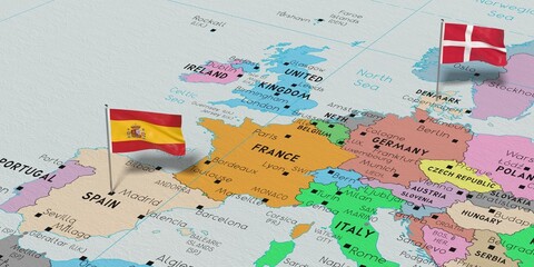 Spain and Denmark - pin flags on political map - 3D illustration