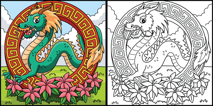 Year of the Dragon with Flowers Illustration