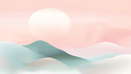 Tranquil landscape illustration in watercolor style pastel colors and gradations.