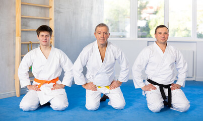 Group of confident successful male martial arts fighters of different ages in white kimonos sitting...