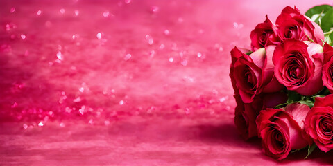 Bouquet of red roses on a pink background with bokeh