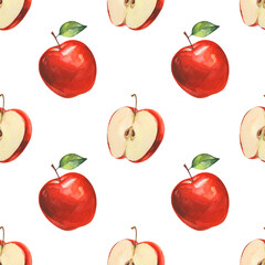 Watercolor seamless pattern with hand-drawn botanical illustrations. Fresh red apple and juicy piece on white background.