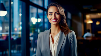 Woman in business suit smiling at the camera with window in the background.