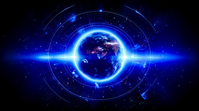 Picture of the earth in the center of circle of blue lights.