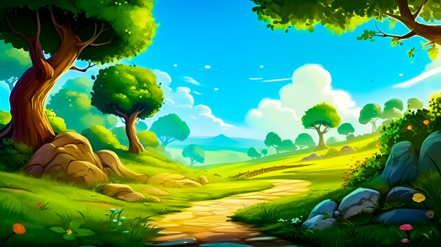 Cartoon scene of path through green field with trees and rocks.