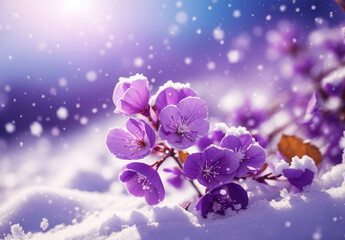 Purple Blossom Flowers, Winter Season with Snow, using Generative ai