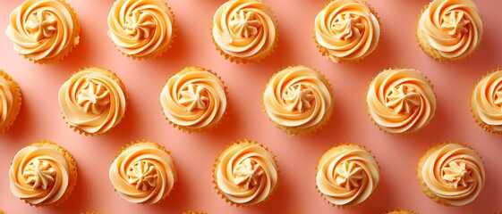 A pattern of Peach Cupcake laid out in an orderly grid on a peach background. a top-down view of Cupcake in symmetrical pattern. 