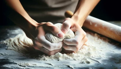 Keuken spatwand met foto Hands kneading dough on a floured surface © Maule
