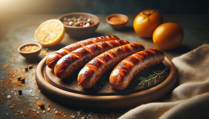 Grilled sausages with spices and vegetables on a dark background - obrazy, fototapety, plakaty