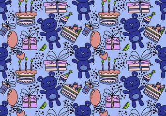 Cartoon animals seamless birthday party with bears and balloons and cake and gift box pattern for wrapping