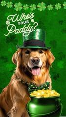Golden Retriever celebrating St. Patrick's Day dressed as leprechaun, green bow tie and top hat, gold