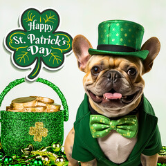 Fench Bulldog dressed as a leprechaun with green bow tie and top hat
