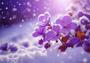 Purple Orchid Flowers with Snow Fall, using Generative ai