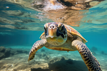 Close-up photo of a turtle underwater. Wildlife concept. Generated by artificial intelligence