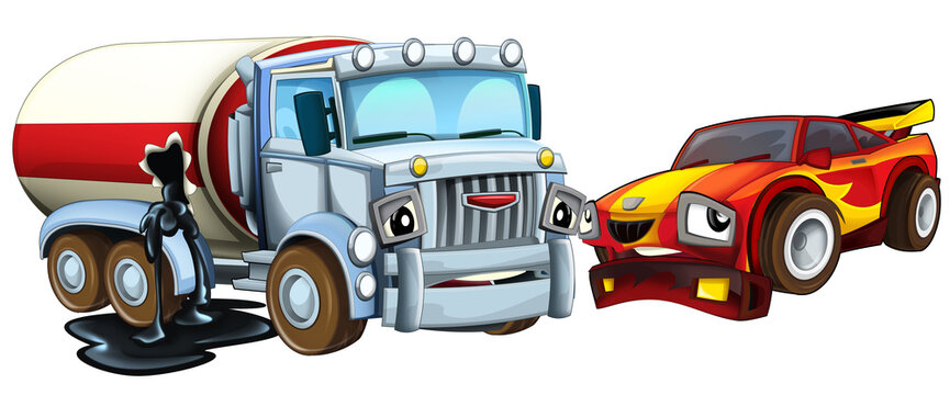 cartoon scene with two cars crashing in accident sports car and construction site cistern isolated illustration for children