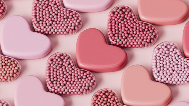 Heart shaped candy or sweets, Valentine's day pink abstract background, 3d render