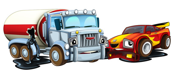 Naklejka premium cartoon scene with two cars crashing in accident sports car and construction site cistern isolated illustration for children