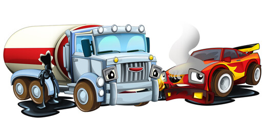 cartoon scene with two cars crashing in accident sports car and construction site cistern isolated illustration for children