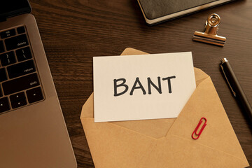 There is word card with the word BANT. It is an abbreviation for Budget, Authority, Needs, Timeframe as eye-catching image.
