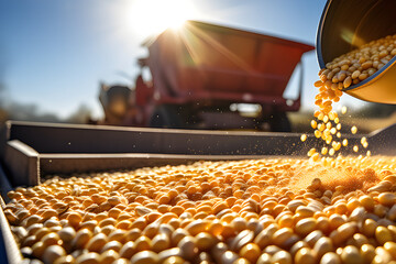 Harvest pouring freshly harvested corn maize seeds or soybeans into conteiner trailer near, closeup detail, afternoon sunshine concept. 