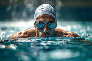 swimmer,white man wearing glasses and a swimming cap,training in the pool,preparing for the Summer Olympic Games,close-up,dynamic photography,sports news concept - obrazy, fototapety, plakaty