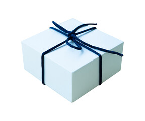 White gift box with ribbon strap on white isolated background