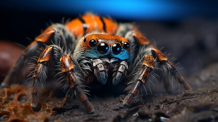 A tarantula surrounded by the intricate patterns of its silk web, with dewdrops catching the morning light -Generative Ai