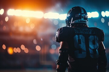 American football player in a moment of contemplation, the stadium lights creating an aura of focus, with copy space allowing for the story of determination and strategy to unfold. - obrazy, fototapety, plakaty
