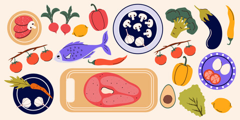 Top view of the cooking process. Vector illustration. Isolated. Flat style. Vegetables, fruits, meat, fish. Cooking process concept. Cooking master class. Chef. Plates and dish on the table. Kitchen