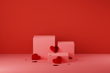 San Valentine’s Day Set with Red Crystal Hearts, Light Red Square Asset, Light Red Floor, and Dark Red Background frontal