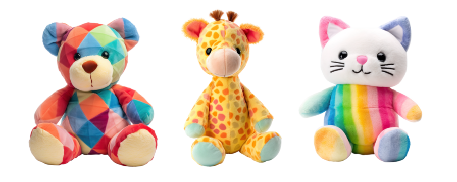 Modern teddy bear, giraffe and kitten with vibrant colors over isolated white transparent background