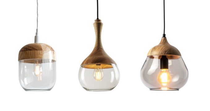 Nordic style wood and glass ceiling lamps over isolated transparent background