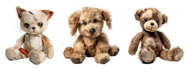 Rotten and abandoned teddy bears over isolated transparent background