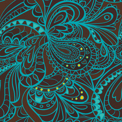 Paisley ornament seamless pattern. Simple vector hand drawn illustration. Dark background and green contours. Big paisley, small ones and little flowers.