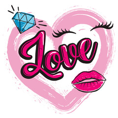 T shirt design for girls on white background with shape pink heart, diamond, lips and word love. Abstract fashion illustration with creative design for girlish clothes.