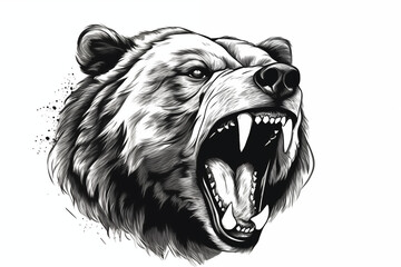close up head of a bear ready to attack roar. roaring wild animal in monochrome style Illustration black and white no background generative ai