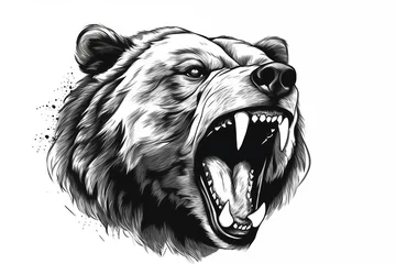 Poster close up head of a bear ready to attack roar. roaring wild animal in monochrome style Illustration black and white no background generative ai © Richard