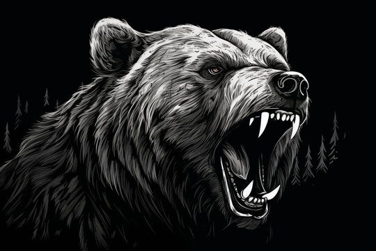close up head of a bear ready to attack roar wild animal in monochrome style Illustration black and white with solid background generative ai
