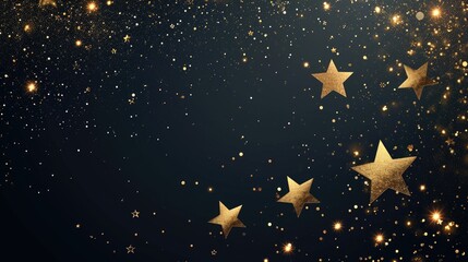 Abstract festive dark background with golden stars glitter and free place for text. New Year, Christmas, birthday, holiday celebration banner
