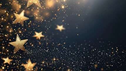 Abstract festive dark background with golden stars glitter and free place for text. New Year, Christmas, birthday, holiday celebration banner