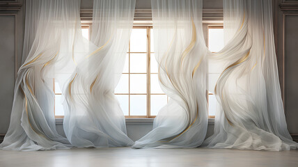 Translucent delicate silk curtains, top in style. Airy style curtains. - obrazy, fototapety, plakaty
