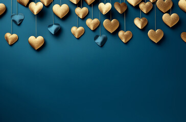 Golden and Blue Hearts Elegantly Suspended Against a Deep Blue Background, Background, Valentine's Day concept, Generative AI
