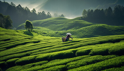 Women in asia peak tea on green plantation terrace