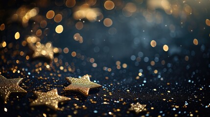 Abstract festive dark background with golden stars glitter and free place for text. New Year, Christmas, birthday, holiday celebration banner - Powered by Adobe